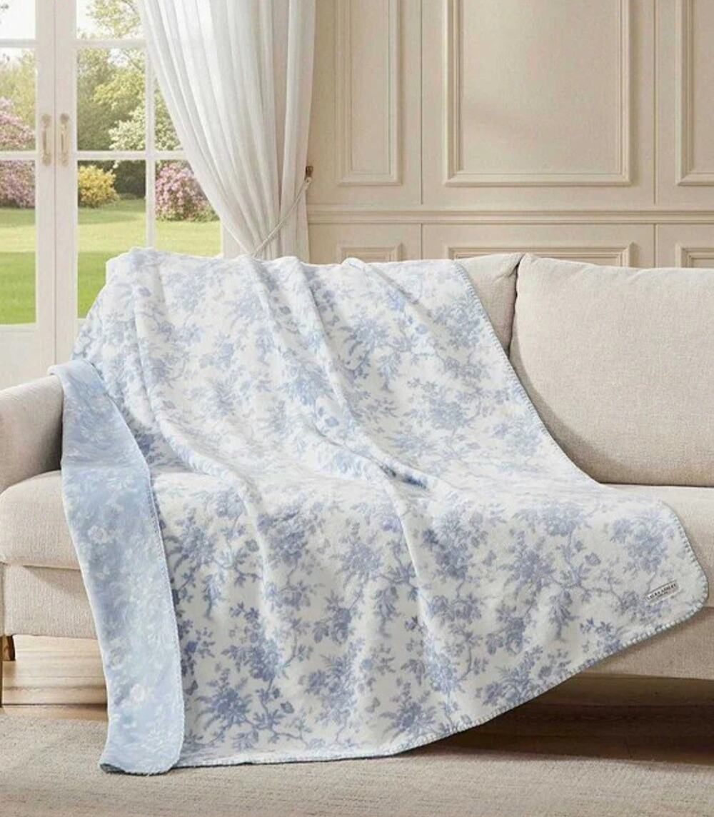 Laura Ashley Bedford Printed Plush Reversible Lush Throw Pink OR Blue NEW